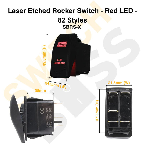 Laser Etched Rocker Switch - Red LED - 88 Styles