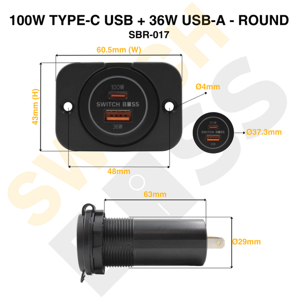 100W Type-C USB + 36W USB-A - Round