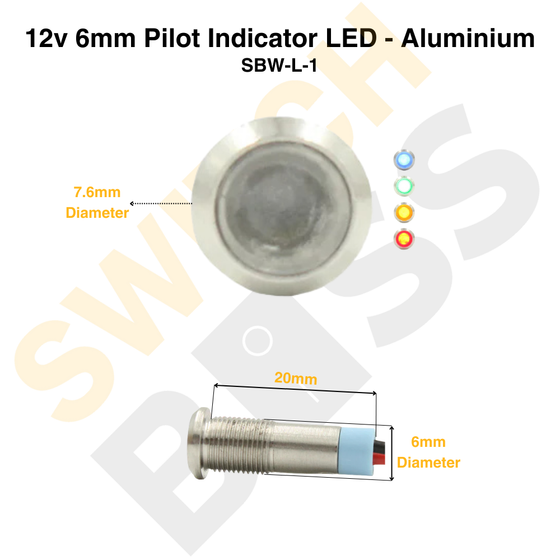 12V 6mm Pilot Indicator LED - Aluminium