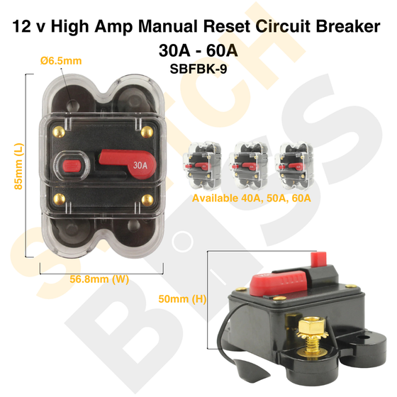 12 V High Amp Manual Reset Circuit Breaker | 30A - 60A