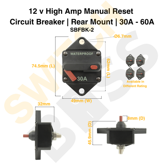 12 V High Amp Manual Reset Circuit Breaker | Rear Mount | 30A - 60A