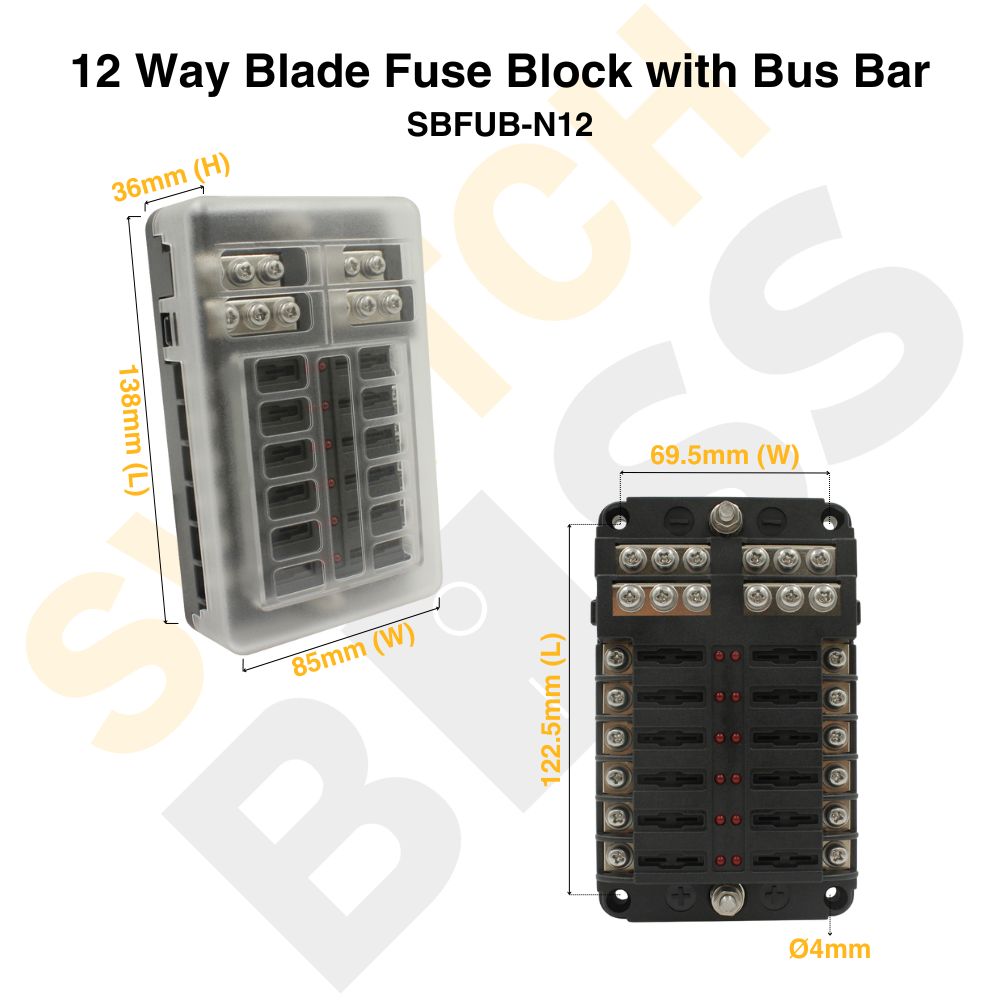 Sizing Guide 12 Way Blade Fuse Block with Bus Bar