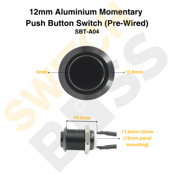 12mm Aluminium Momentary Push Button Switch (Pre-Wired)