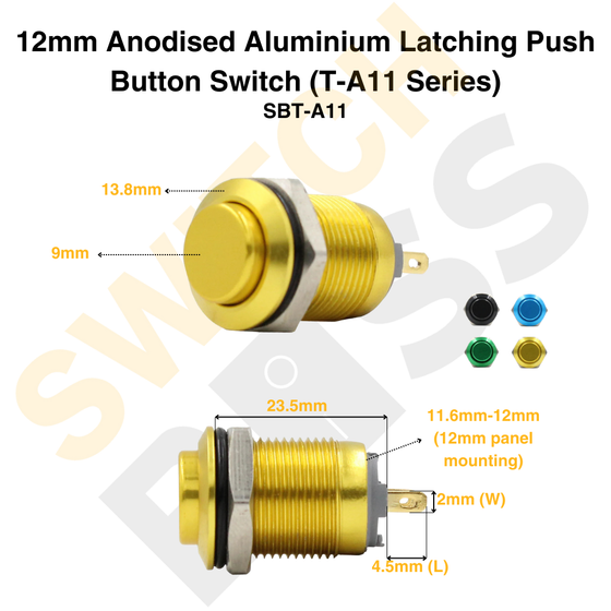 12mm Anodised Aluminium Latching Push Button Switch (T-A11 Series)
