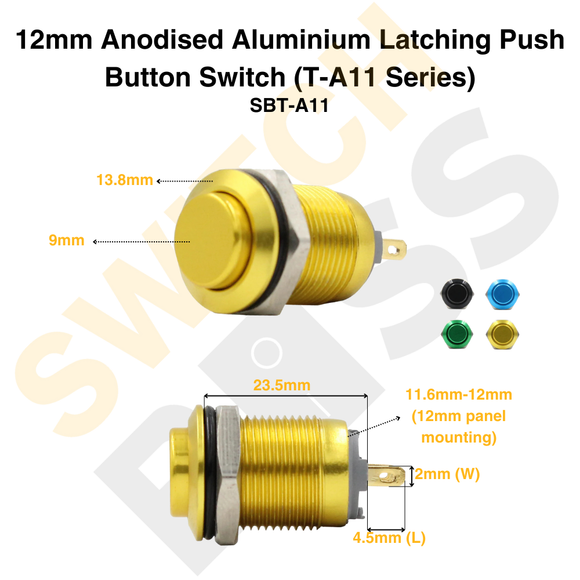 12mm Anodised Aluminium Latching Push Button Switch (T-A11 Series)