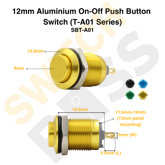 12mm Anodised Aluminium Momentary Push Button Switch (T-A01 Series)