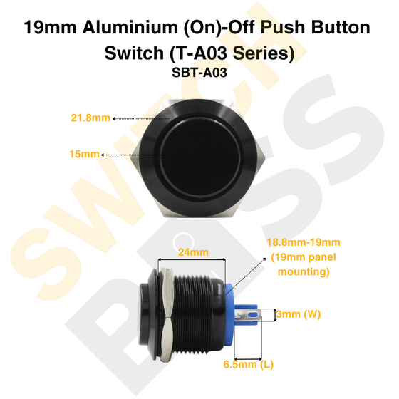 19mm Anodised Aluminium Momentary Push Button Switch (T-A03 Series)