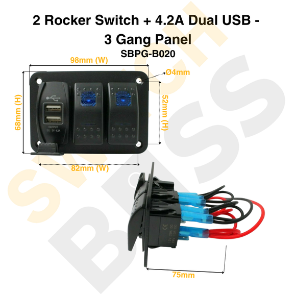 2 Rocker Switch + 4.2A Dual USB - 3 Gang Panel