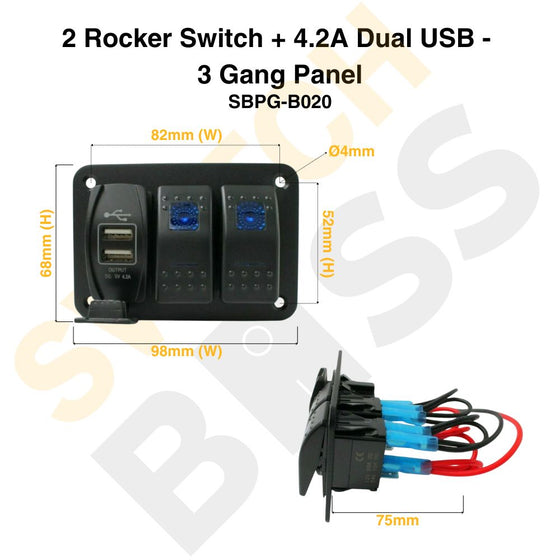 Sizing Guide 2 Rocker Switch + 4.2A Dual USB - 3 Gang Panel