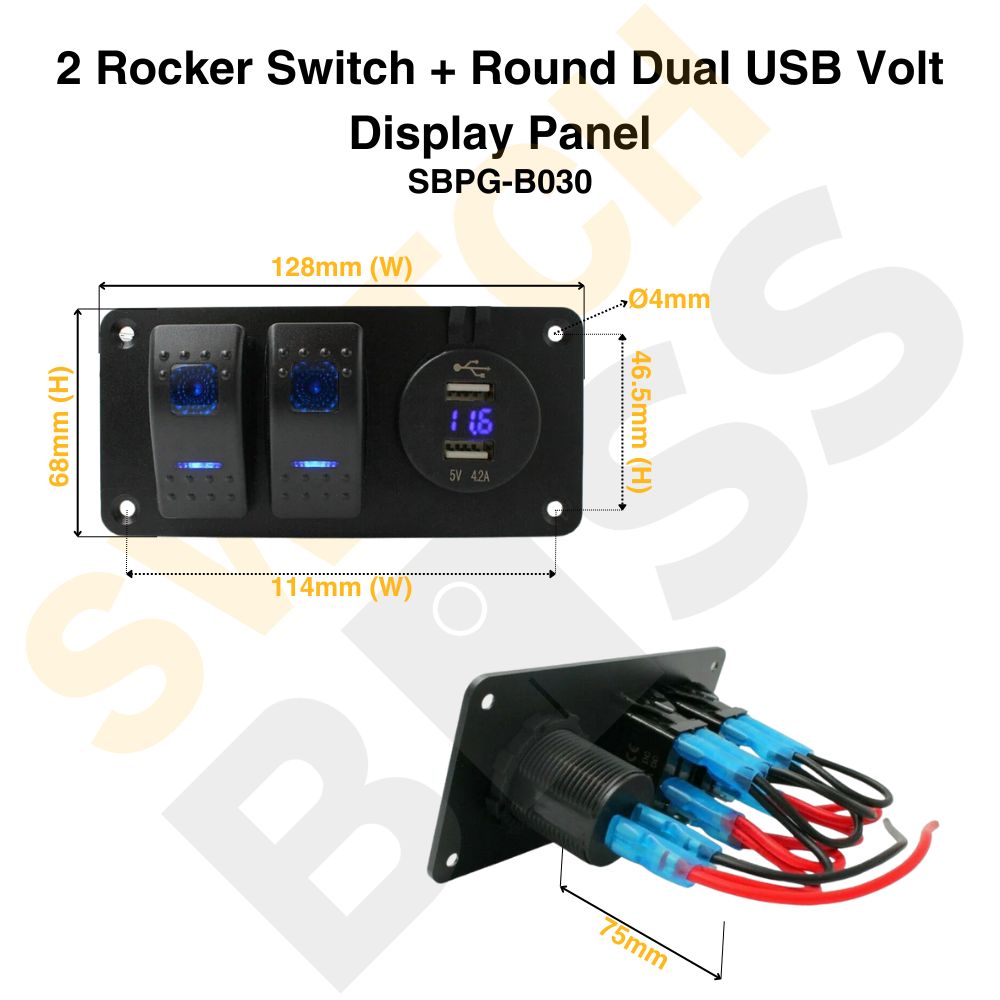 2 Rocker Switch + Round Dual USB Volt Display Panel