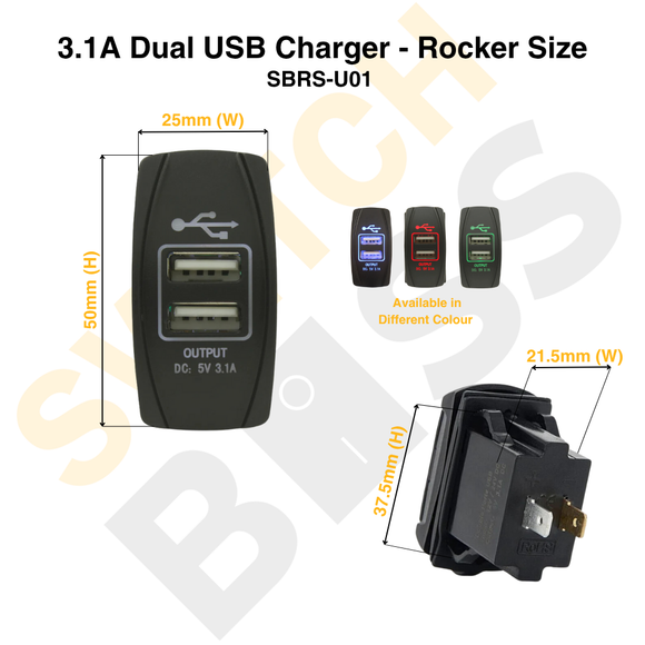 3.1A Dual USB Charger - Rocker Size