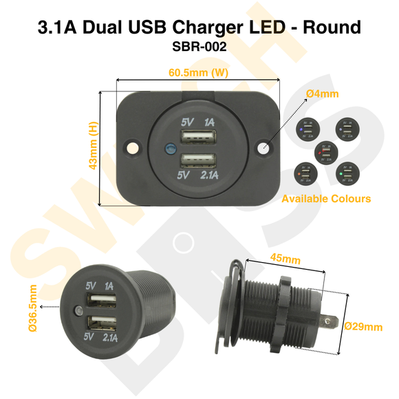 3.1A Dual USB Charger LED - Round