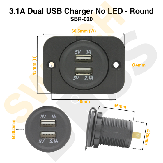 3.1A Dual USB Charger No LED - Round