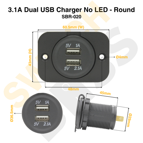 3.1A Dual USB Charger No LED - Round