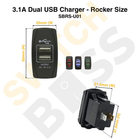 3.1A Dual USB Charger - Rocker Size