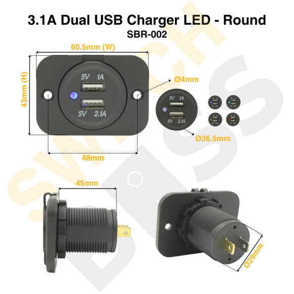 3.1A Dual USB Charger LED - Round
