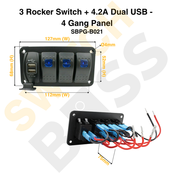 3 Rocker Switch + 4.2A Dual USB - 4 Gang Panel