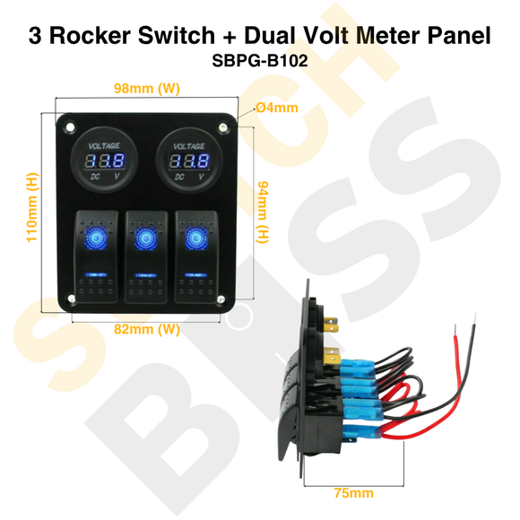 3 Rocker Switch + Dual Volt Meter Panel