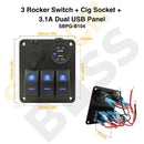 Sizing Guide 3 Rocker Switch + Cig Socket + 3.1A Dual USB Panel