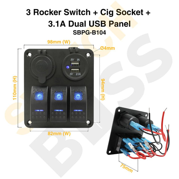 Sizing Guide 3 Rocker Switch + Cig Socket + 3.1A Dual USB Panel