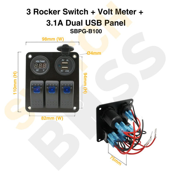 Sizing Guide 3 Rocker Switch + Volt Meter + 3.1A Dual USB Panel