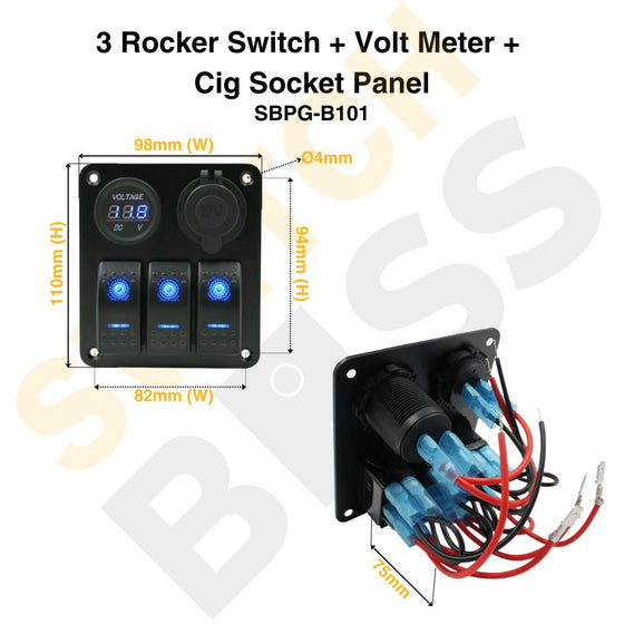 3 Rocker Switch + Volt Meter + Cig Socket Panel
