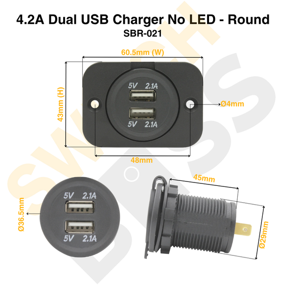 4.2A Dual USB Charger No LED - Round