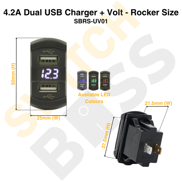 4.2A Dual USB Charger + Volt - Rocker Size