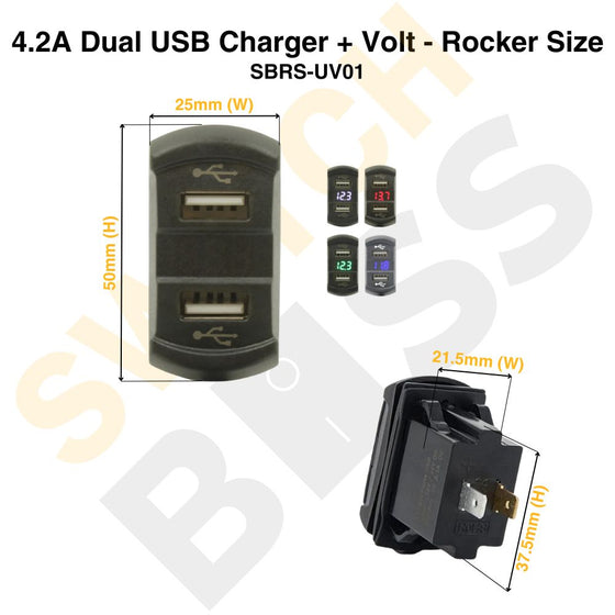 4.2A Dual USB Charger + Volt - Rocker Size