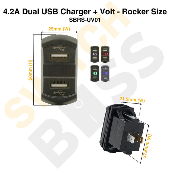4.2A Dual USB Charger + Volt - Rocker Size