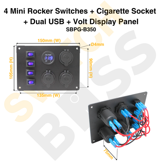 4 Mini Rocker Switches + Cigarette Socket + Dual USB + Volt Display Panel
