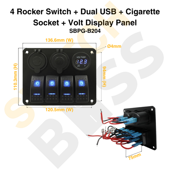 4 Rocker Switch + Dual USB + Cigarette Socket + Volt Display Panel