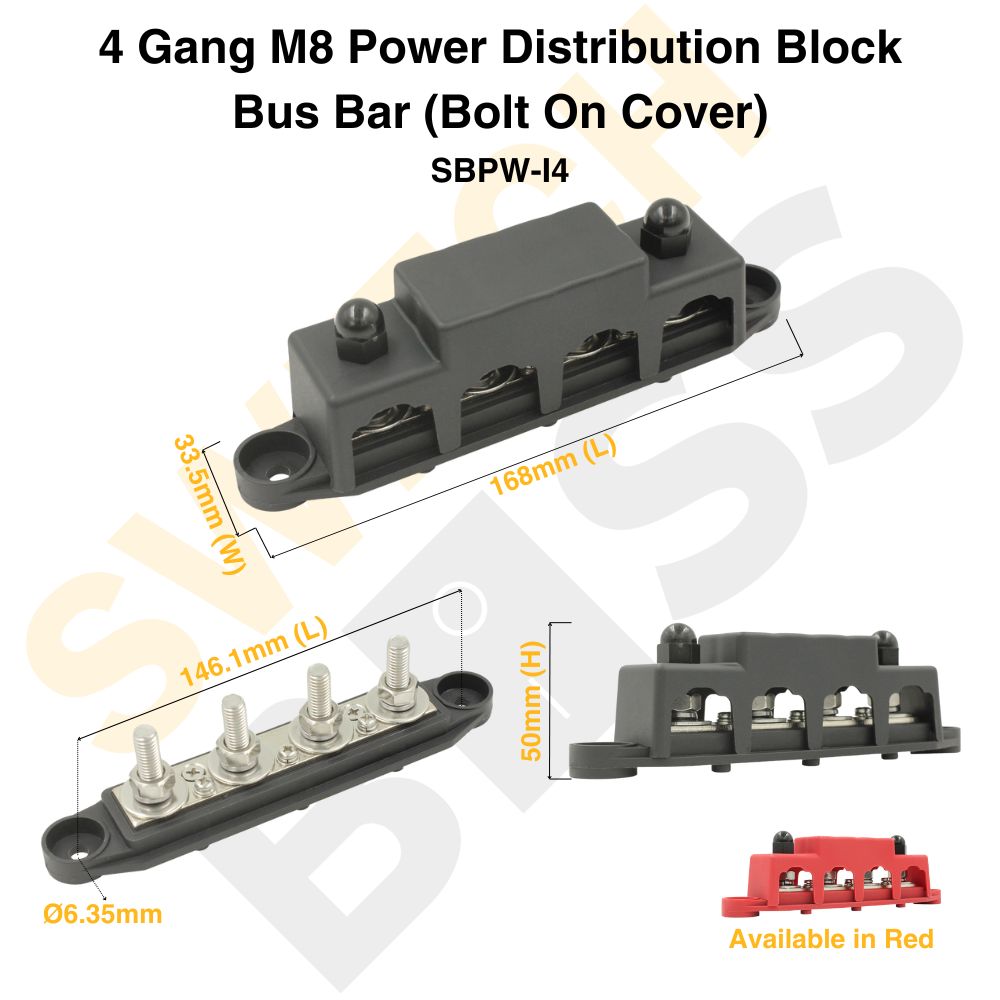4 Gang M8 Power Distribution Block - Bus Bar (Bolt On Cover)