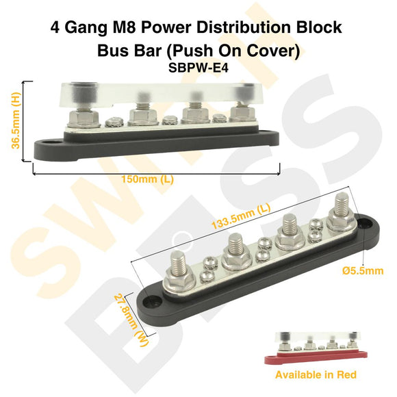 Sizing Guide 4 Gang M8 Power Distribution Block Bus Bar (Push On Cover)