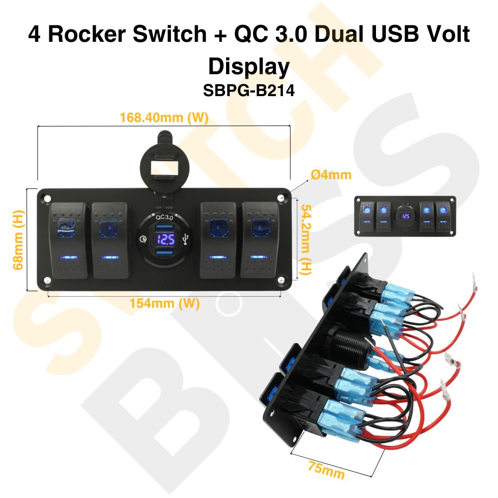 Sizing Guide 4 Rocker Switch + QC 3.0 Dual USB Volt Display