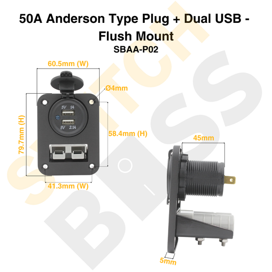 50A Anderson Type Plug + Dual USB - Flush Mount