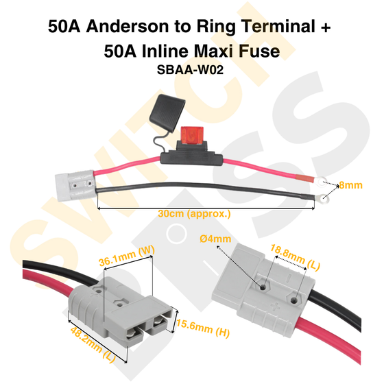 50A Anderson to Ring Terminal + 50A Inline Maxi Fuse