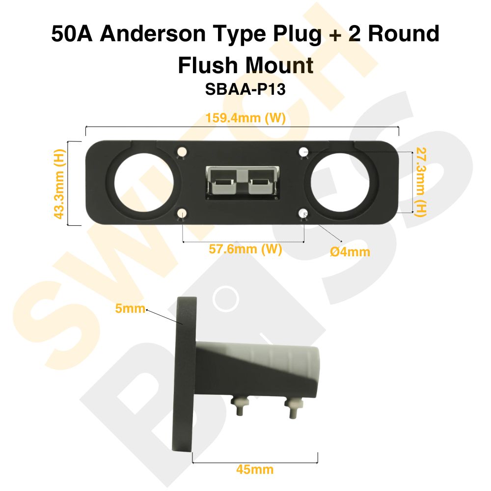 50A Anderson Type Plug + 2 Round - Flush Mount