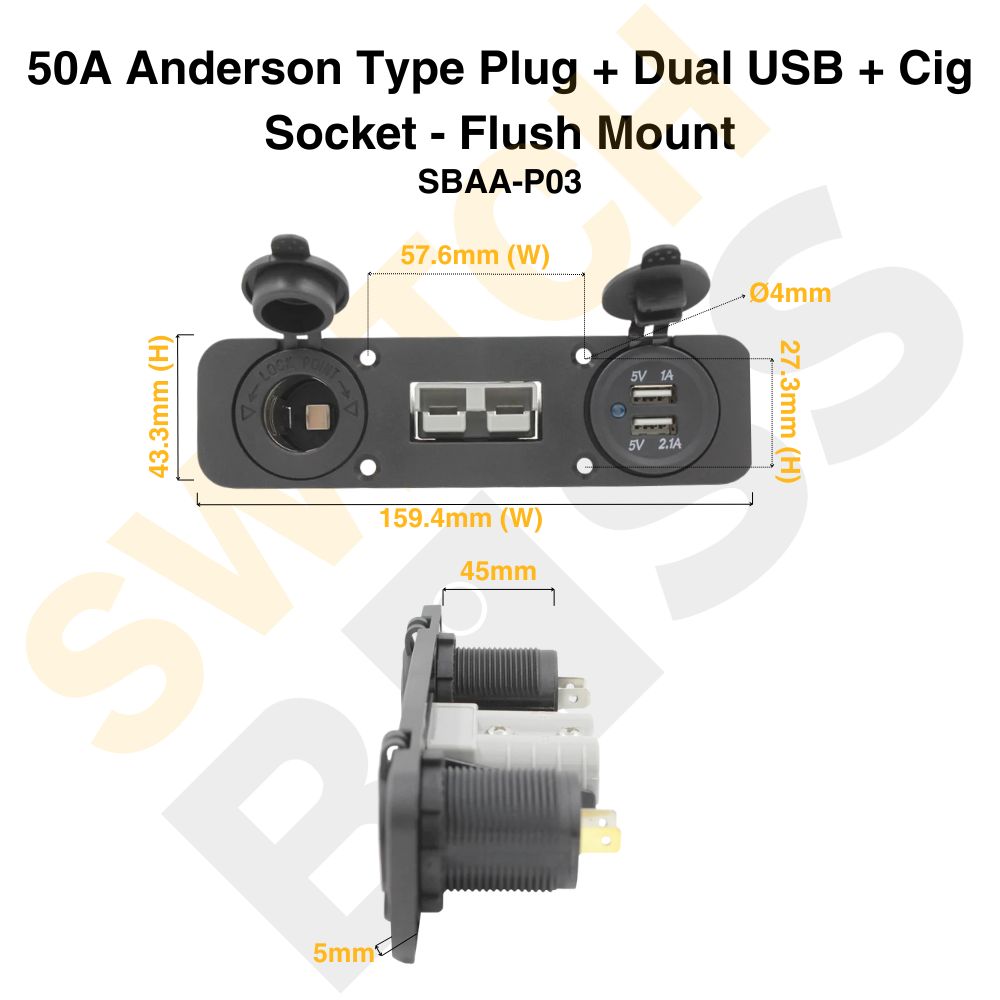 50A Anderson Type Plug + Dual USB + Cig Socket - Flush Mount