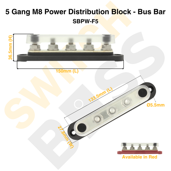 5 Gang M8 Power Distribution Block - Bus Bar