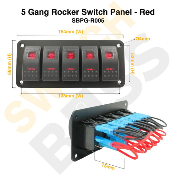 Sizing Guide 5 Gang Rocker Switch Panel - Red