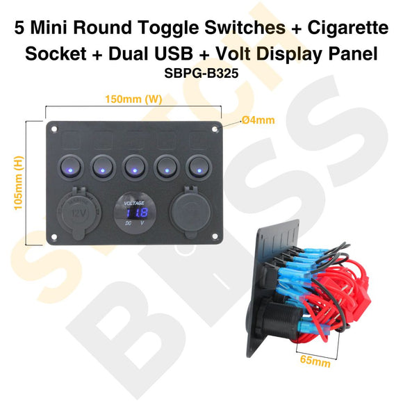 Sizing Guide 5 Mini Round Toggle Switches + Cigarette Socket + Dual USB + Volt Display Panel