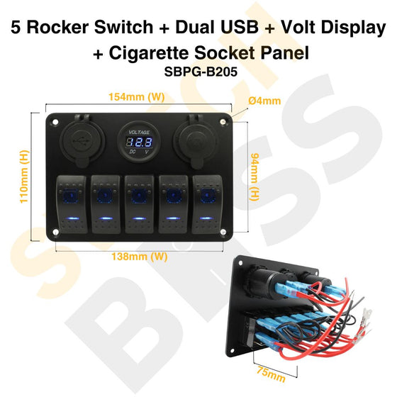 5 Rocker Switch + Dual USB + Volt Display + Cigarette Socket Panel