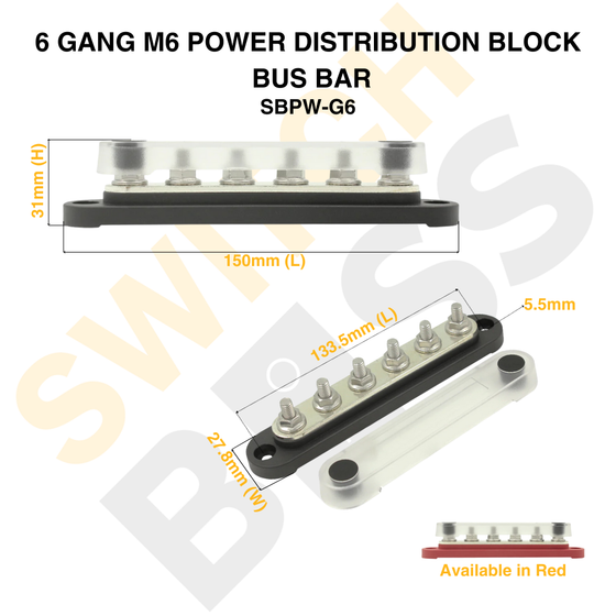 6 Gang M6 Power Distribution Block - Bus Bar