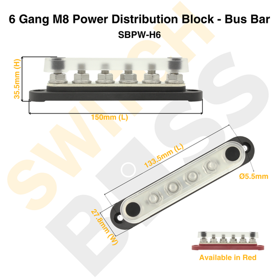 6 Gang M8 Power Distribution Block - Bus Bar
