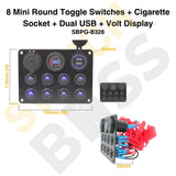 8 Mini Round Toggle Switches + Cigarette Socket + Dual USB + Volt Display Panel