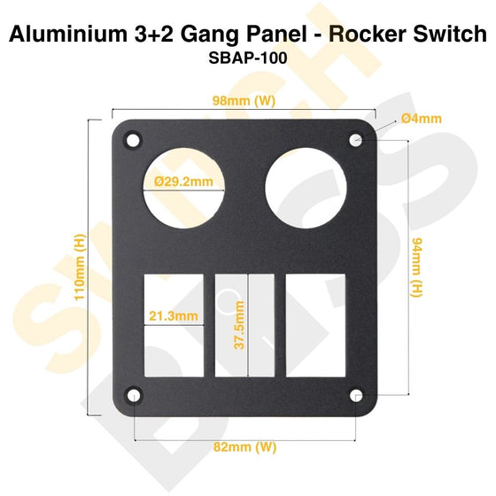 Sizing Guide Aluminium 3+2 Gang Panel - Rocker Switch