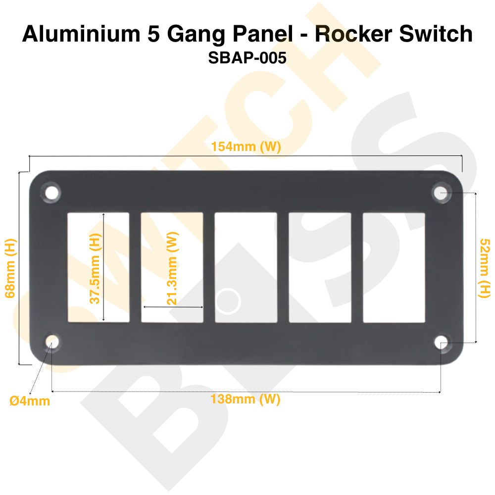 Sizing Guide Aluminium 5 Gang Panel - Rocker Switch