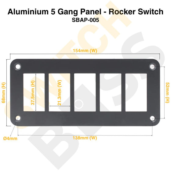 Sizing Guide Aluminium 5 Gang Panel - Rocker Switch