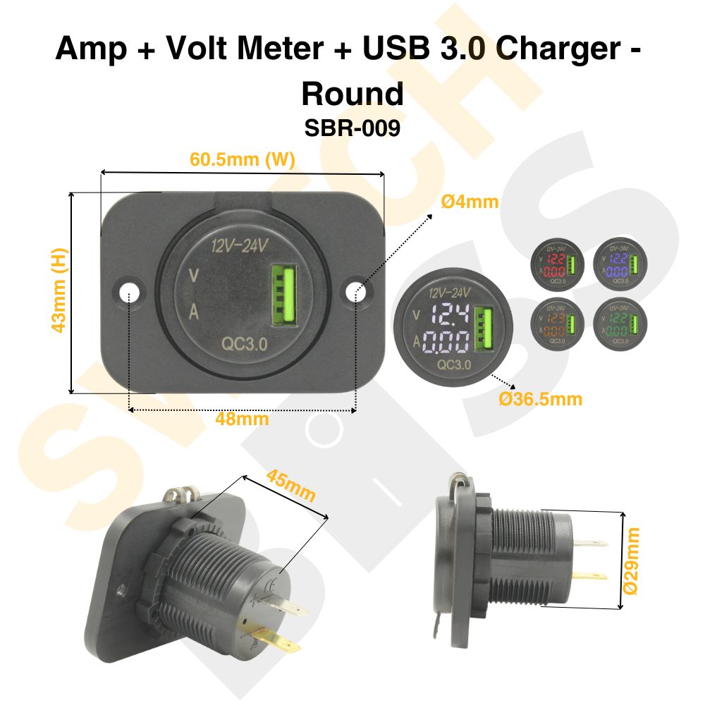 Amp + Volt Meter + USB 3.0 Charger - Round